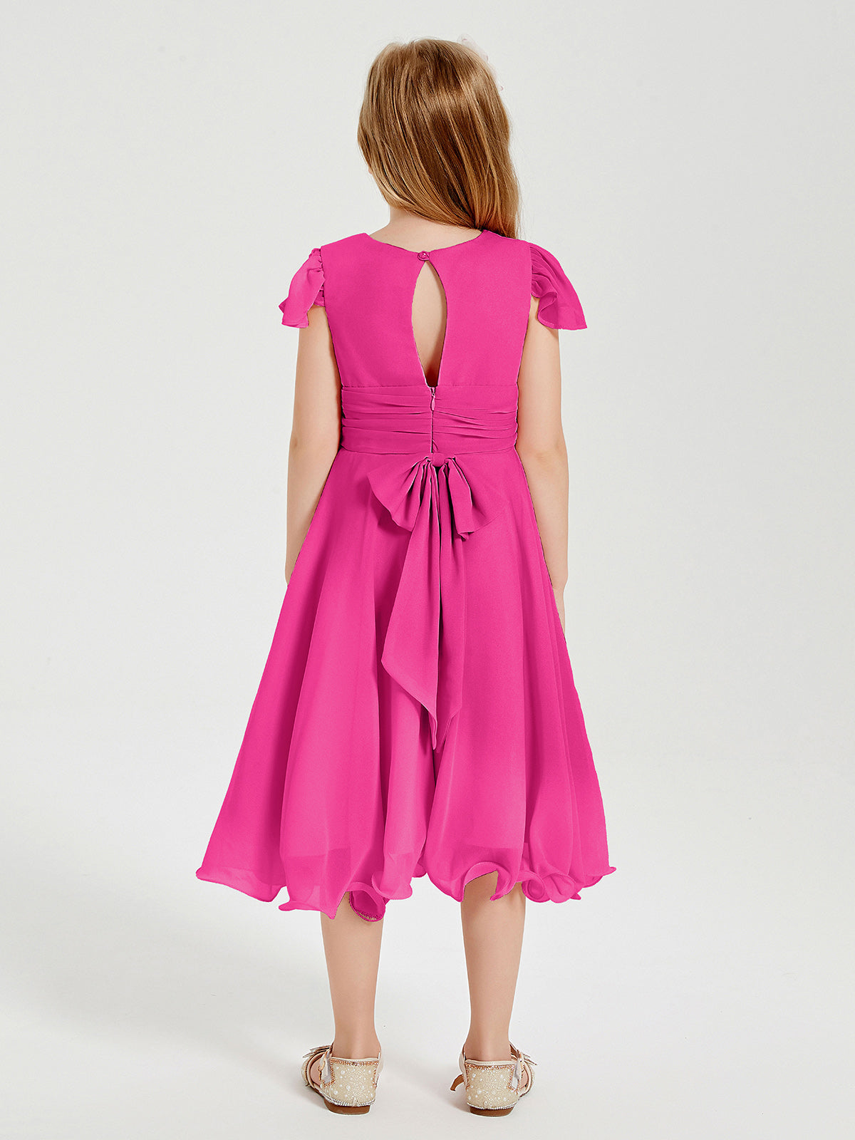 Chiffon Tea Length Junior Bridesmaid Dresses Fuchsia